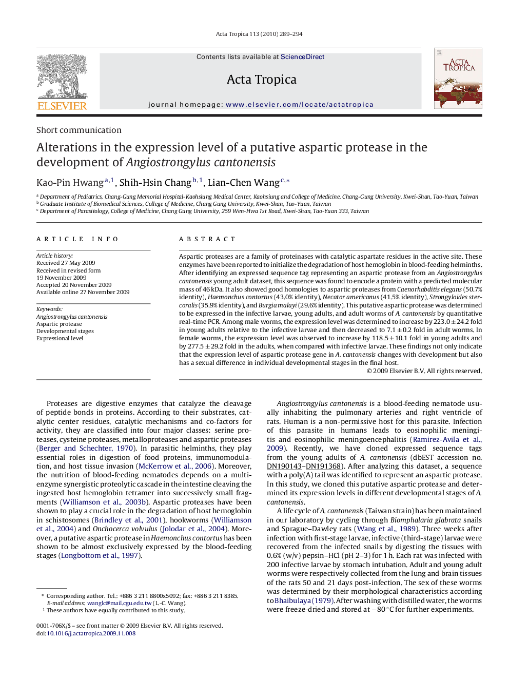 Alterations in the expression level of a putative aspartic protease in the development of Angiostrongylus cantonensis