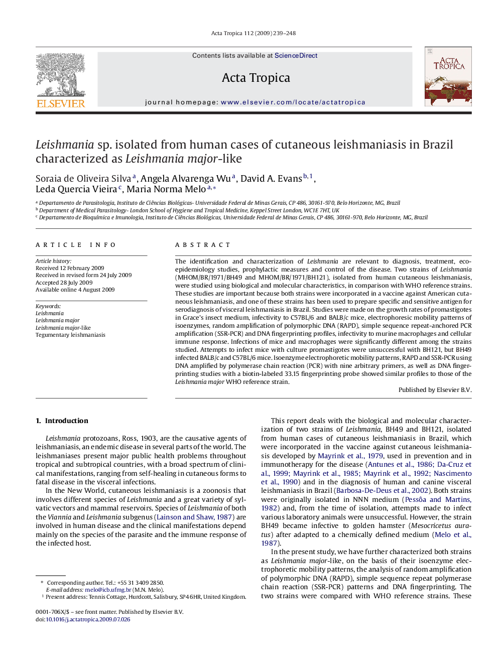 Leishmania sp. isolated from human cases of cutaneous leishmaniasis in Brazil characterized as Leishmaniamajor-like