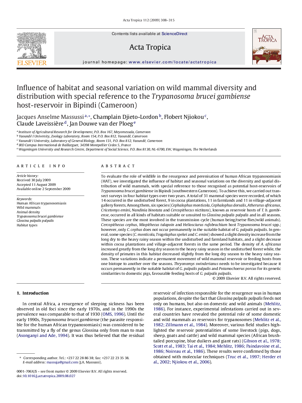 Influence of habitat and seasonal variation on wild mammal diversity and distribution with special reference to the Trypanosoma brucei gambiense host-reservoir in Bipindi (Cameroon)