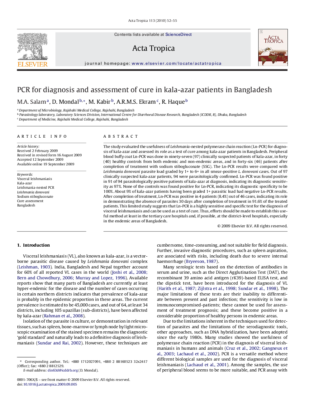 PCR for diagnosis and assessment of cure in kala-azar patients in Bangladesh