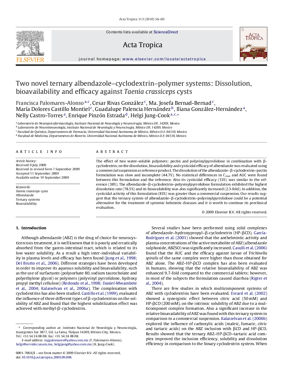 Two novel ternary albendazole–cyclodextrin–polymer systems: Dissolution, bioavailability and efficacy against Taenia crassiceps cysts