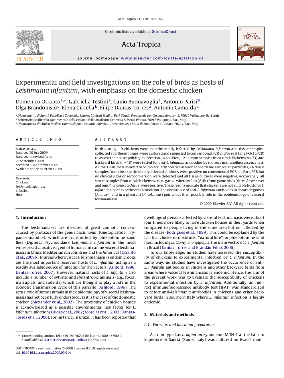 Experimental and field investigations on the role of birds as hosts of Leishmania infantum, with emphasis on the domestic chicken