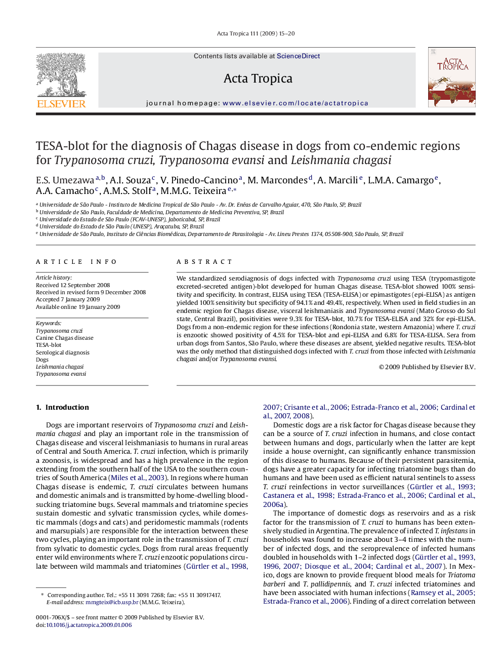 TESA-blot for the diagnosis of Chagas disease in dogs from co-endemic regions for Trypanosoma cruzi, Trypanosoma evansi and Leishmania chagasi