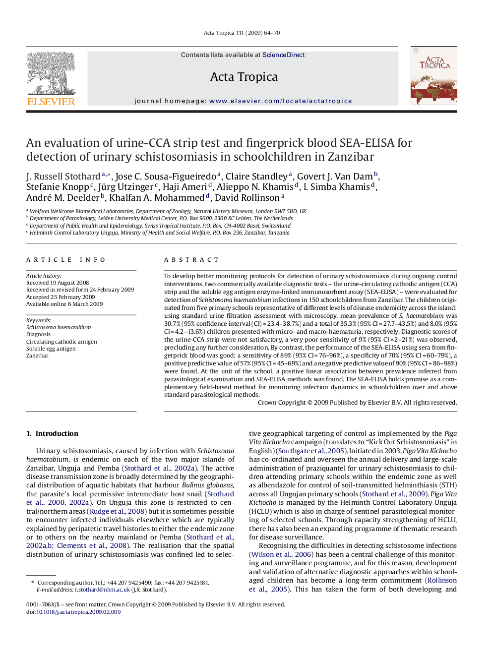 An evaluation of urine-CCA strip test and fingerprick blood SEA-ELISA for detection of urinary schistosomiasis in schoolchildren in Zanzibar