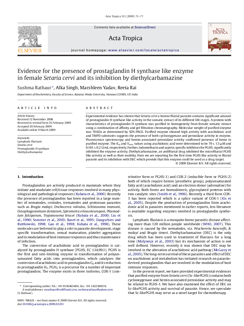 Evidence for the presence of prostaglandin H synthase like enzyme in female Setaria cervi and its inhibition by diethylcarbamazine