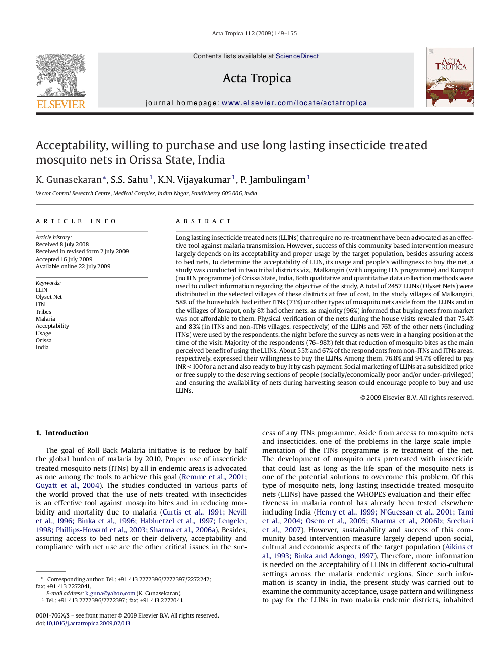 عکس صفحه اول مقاله: Acceptability, willing to purchase and use long lasting insecticide treated mosquito nets in Orissa State, India Acceptability, willing to purchase and use long lasting insecticide treated mosquito nets in Orissa State, India