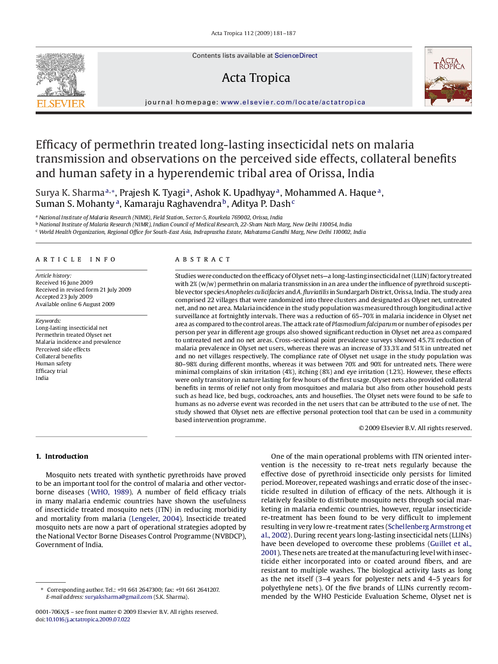 Efficacy of permethrin treated long-lasting insecticidal nets on malaria transmission and observations on the perceived side effects, collateral benefits and human safety in a hyperendemic tribal area of Orissa, India