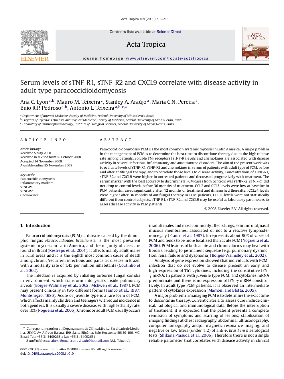 Serum levels of sTNF-R1, sTNF-R2 and CXCL9 correlate with disease activity in adult type paracoccidioidomycosis