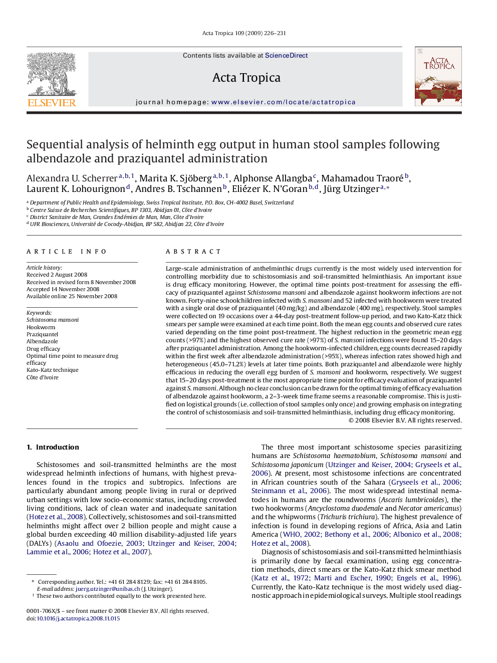 Sequential analysis of helminth egg output in human stool samples following albendazole and praziquantel administration