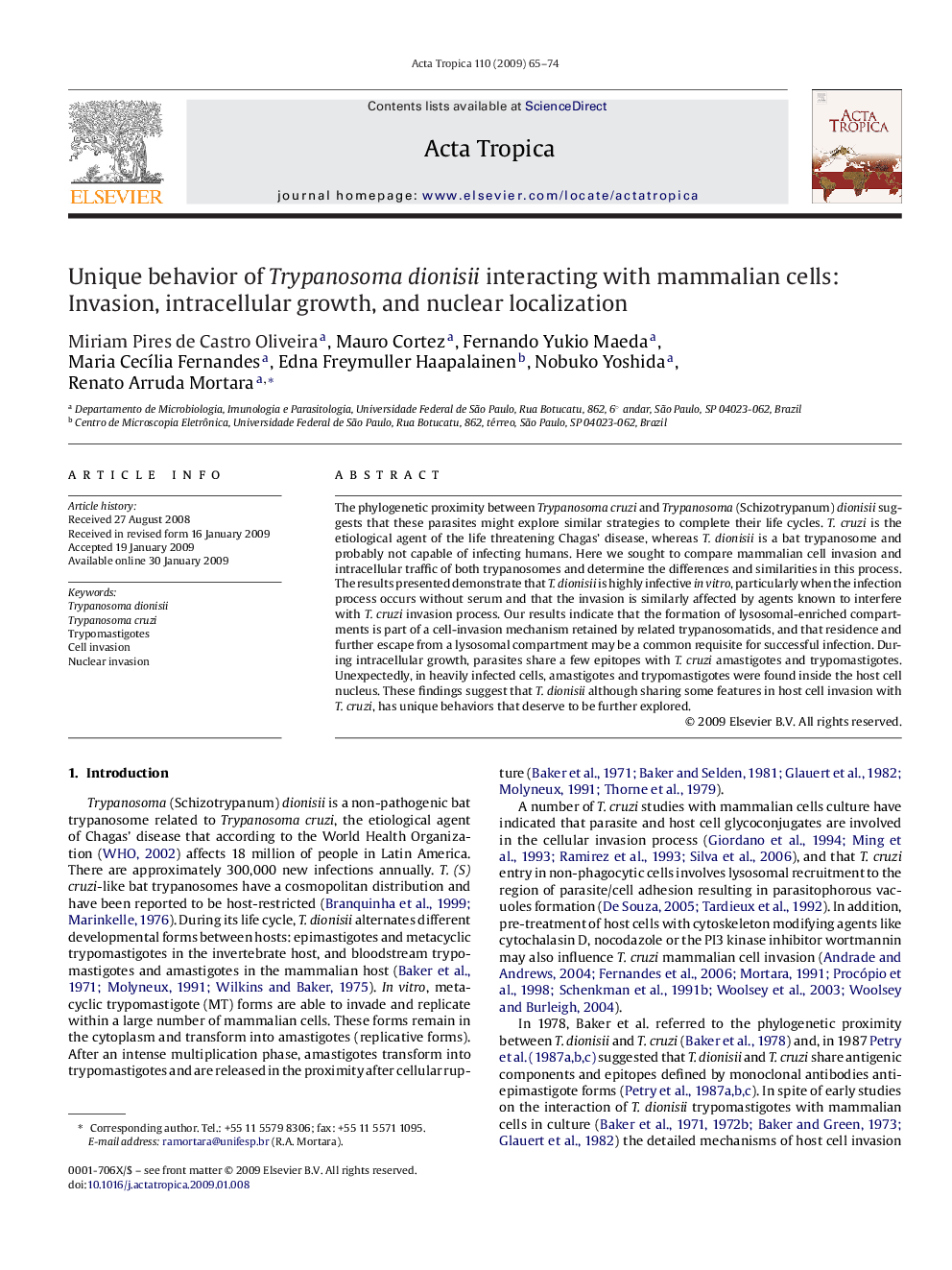 Unique behavior of Trypanosoma dionisii interacting with mammalian cells: Invasion, intracellular growth, and nuclear localization