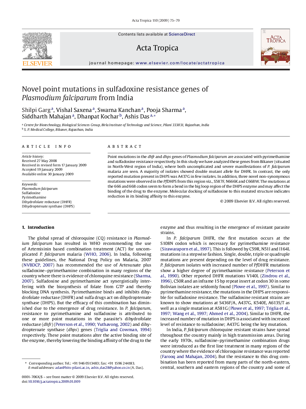 Novel point mutations in sulfadoxine resistance genes of Plasmodium falciparum from India