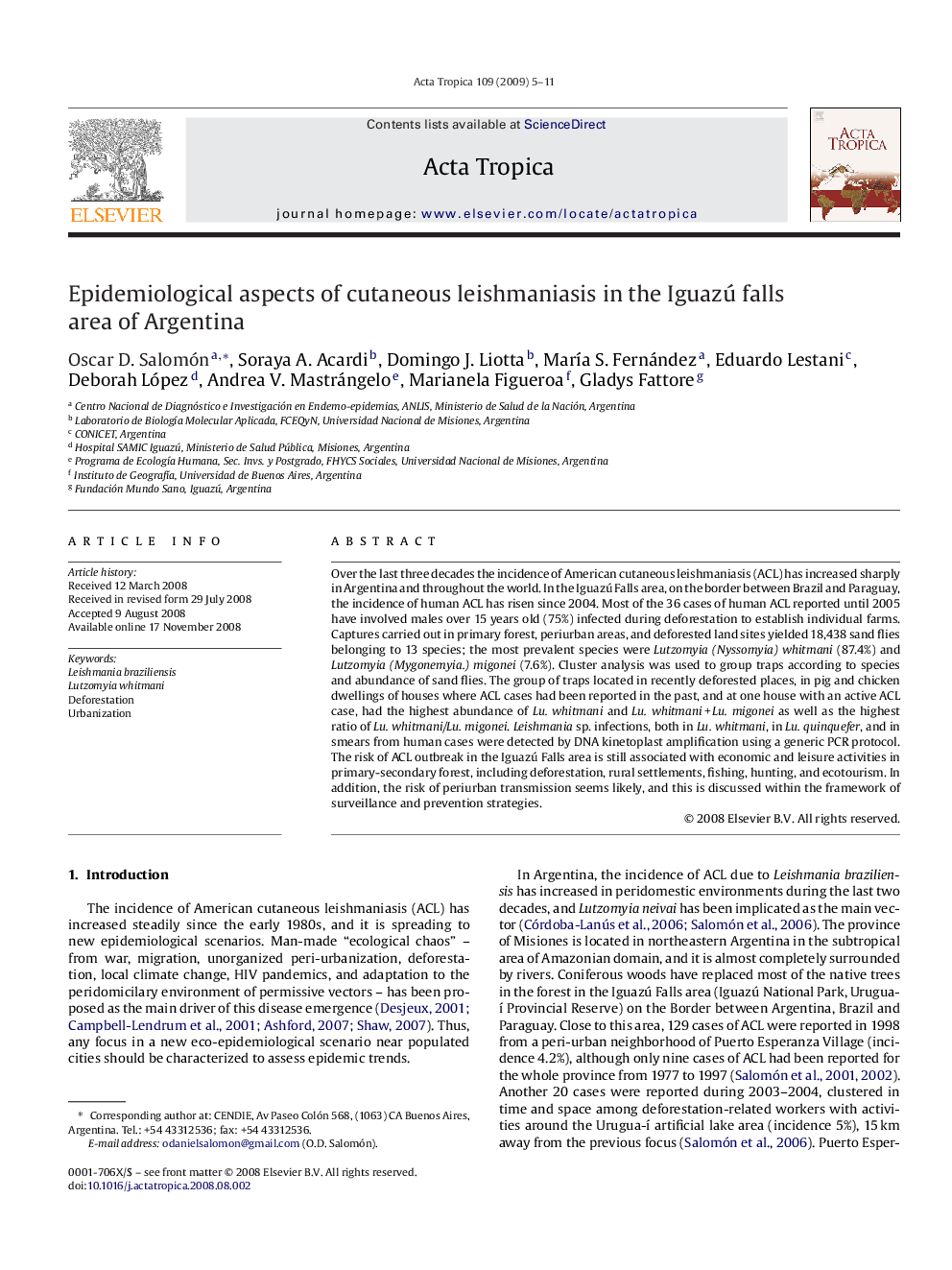 Epidemiological aspects of cutaneous leishmaniasis in the Iguazú falls area of Argentina