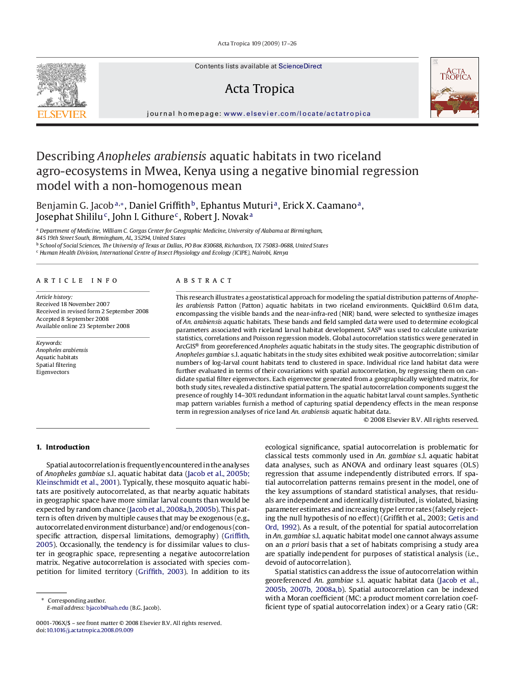 Describing Anopheles arabiensis aquatic habitats in two riceland agro-ecosystems in Mwea, Kenya using a negative binomial regression model with a non-homogenous mean