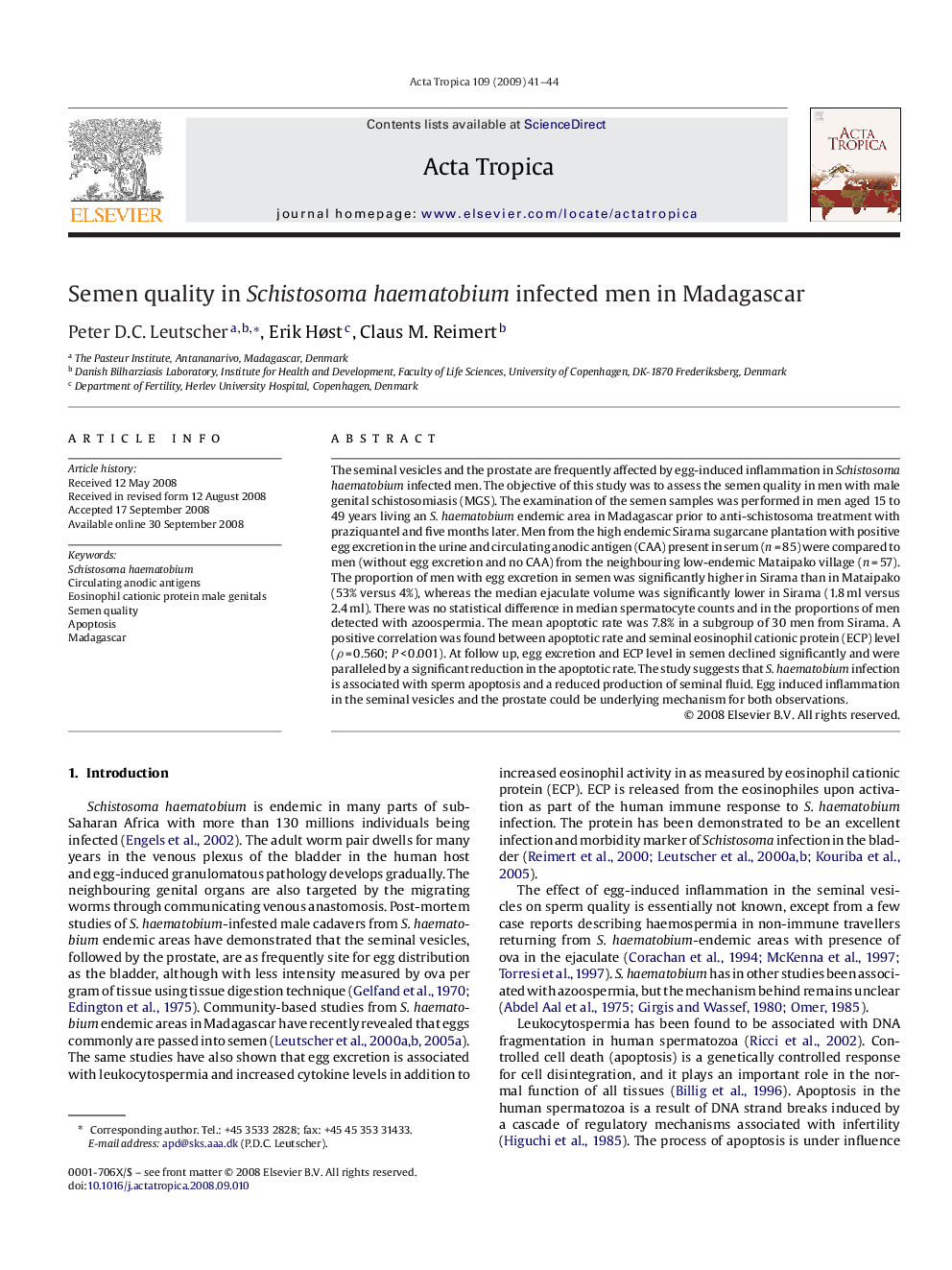 Semen quality in Schistosoma haematobium infected men in Madagascar