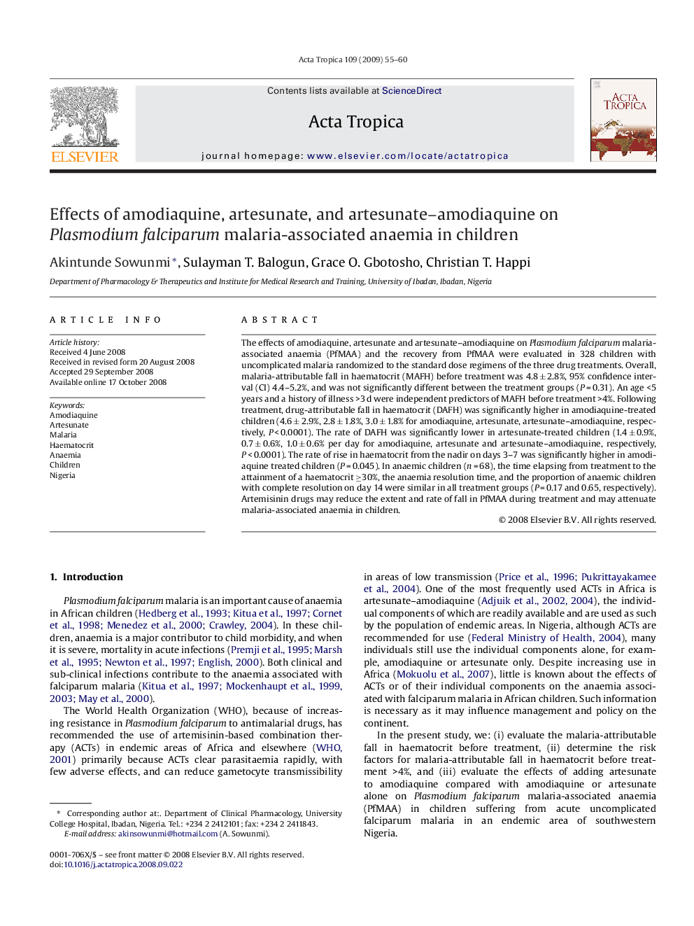 Effects of amodiaquine, artesunate, and artesunate-amodiaquine on Plasmodium falciparum malaria-associated anaemia in children