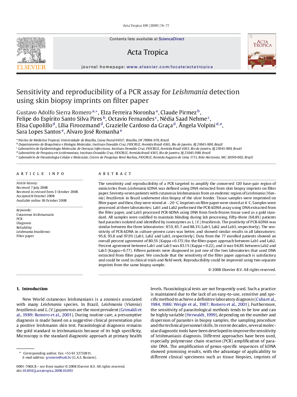 Sensitivity and reproducibility of a PCR assay for Leishmania detection using skin biopsy imprints on filter paper