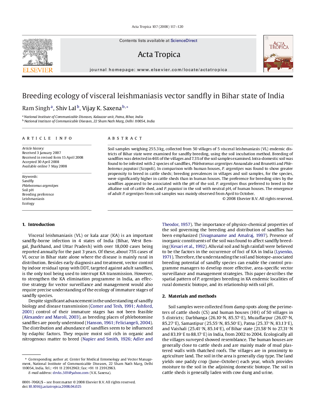 Breeding ecology of visceral leishmaniasis vector sandfly in Bihar state of India