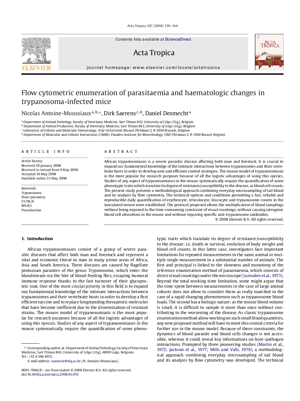 Flow cytometric enumeration of parasitaemia and haematologic changes in trypanosoma-infected mice