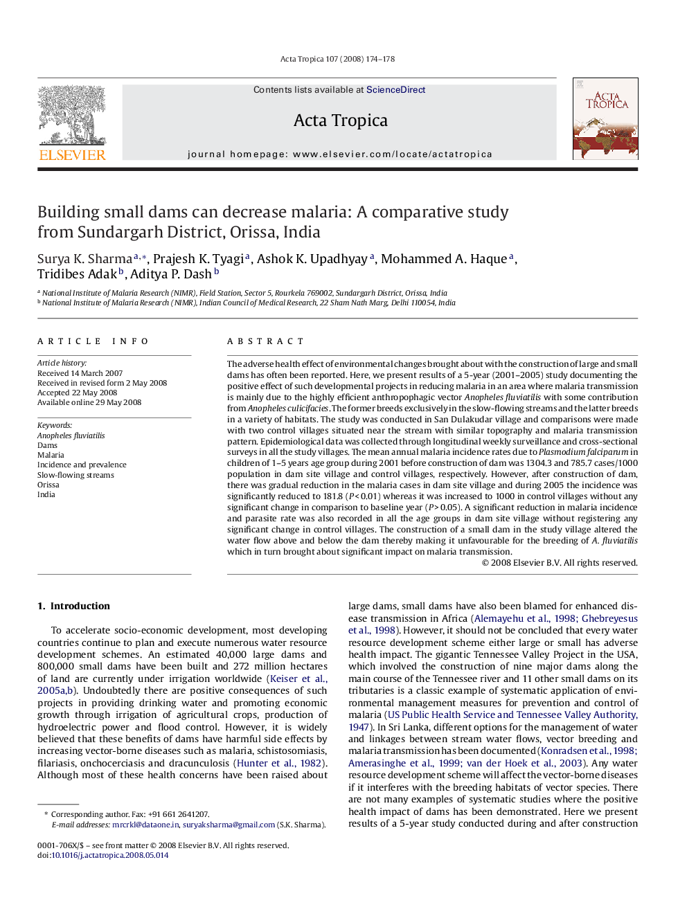 Building small dams can decrease malaria: A comparative study from Sundargarh District, Orissa, India