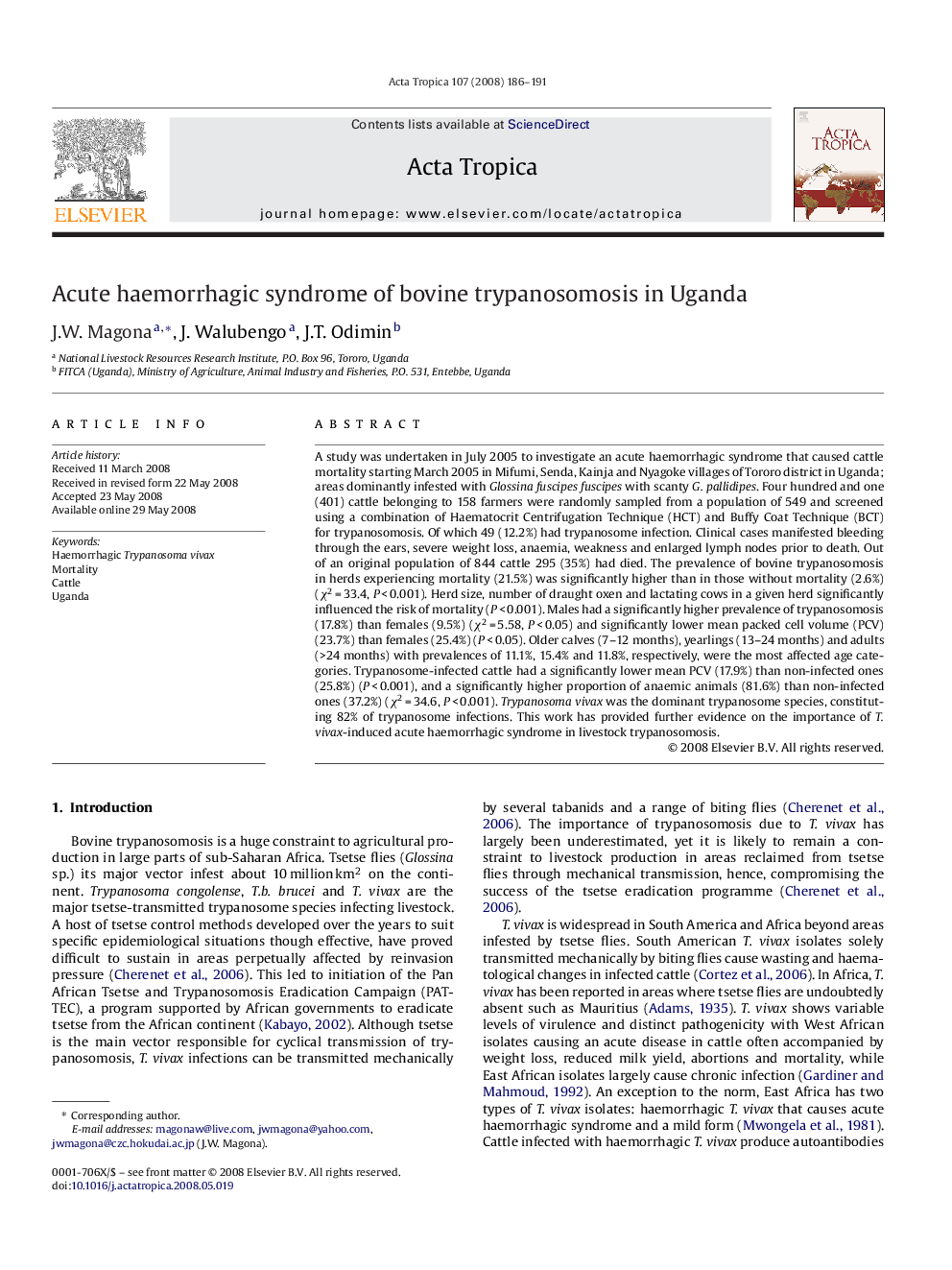 Acute haemorrhagic syndrome of bovine trypanosomosis in Uganda