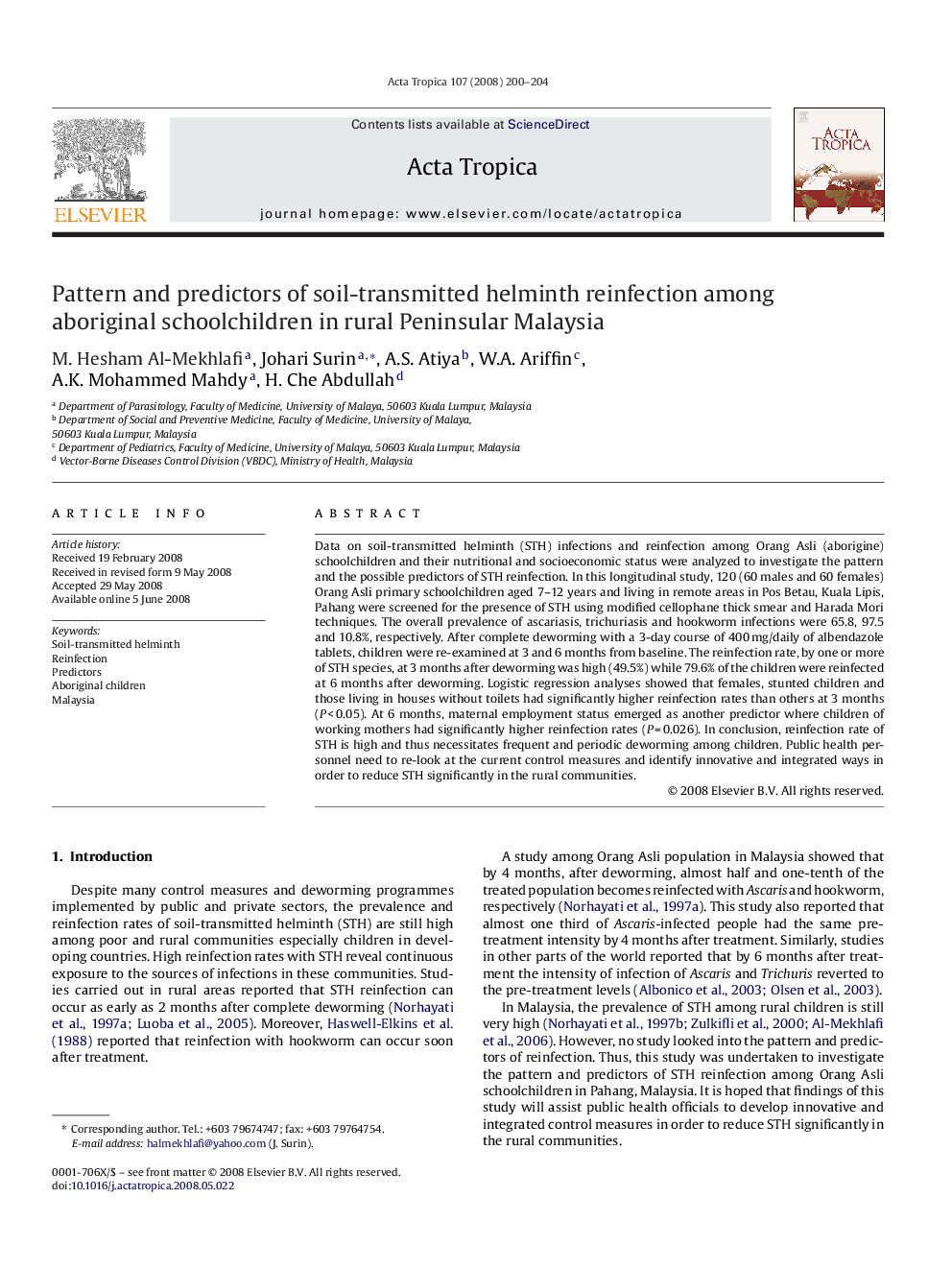 Pattern and predictors of soil-transmitted helminth reinfection among aboriginal schoolchildren in rural Peninsular Malaysia