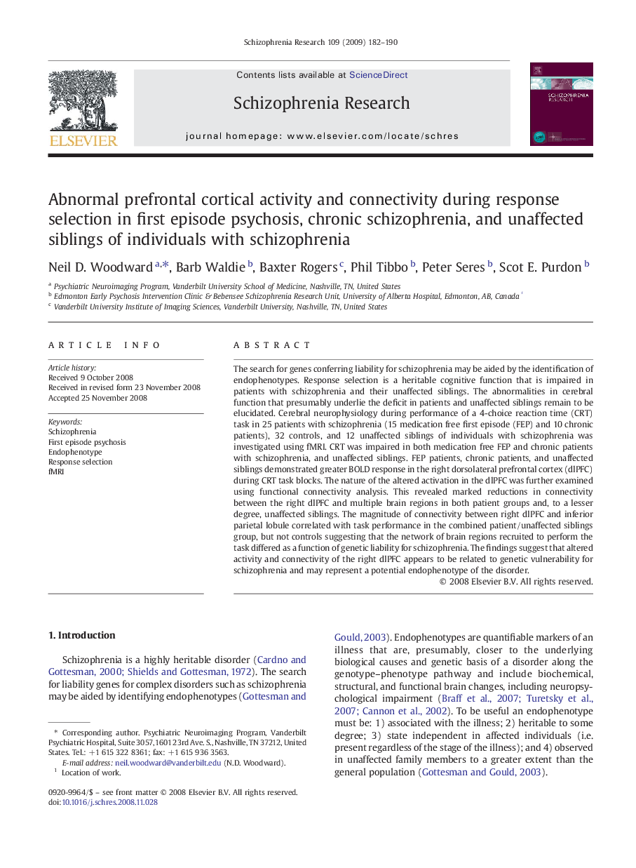 Abnormal prefrontal cortical activity and connectivity during response selection in first episode psychosis, chronic schizophrenia, and unaffected siblings of individuals with schizophrenia