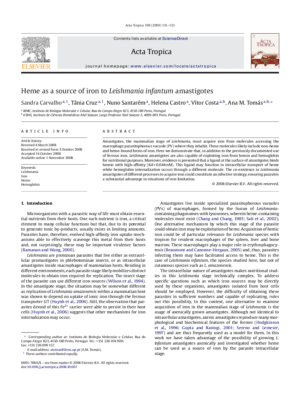 Heme as a source of iron to Leishmania infantum amastigotes