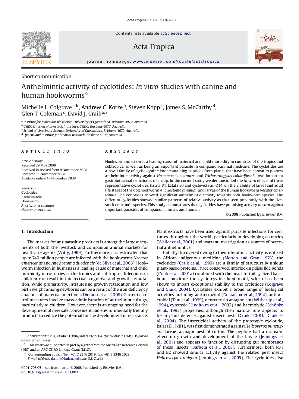 Anthelmintic activity of cyclotides: In vitro studies with canine and human hookworms 