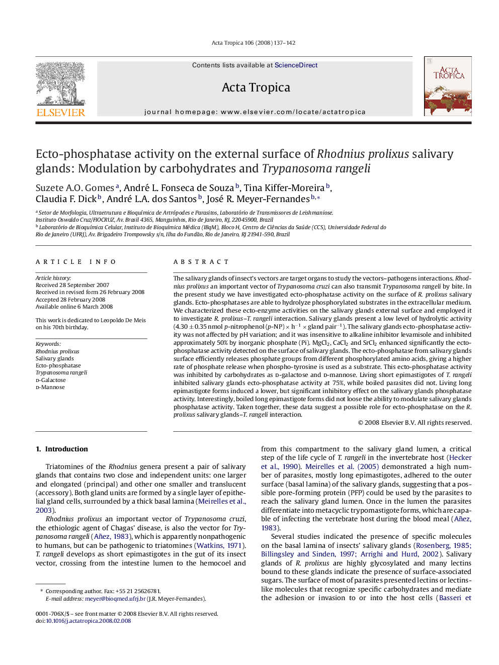 Ecto-phosphatase activity on the external surface of Rhodnius prolixus salivary glands: Modulation by carbohydrates and Trypanosoma rangeli