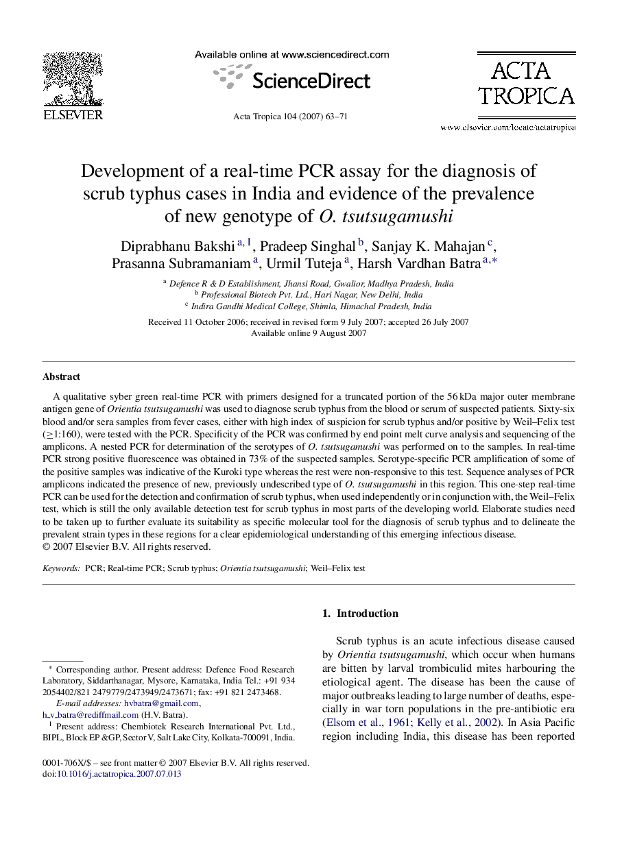 Development of a real-time PCR assay for the diagnosis of scrub typhus cases in India and evidence of the prevalence of new genotype of O. tsutsugamushi