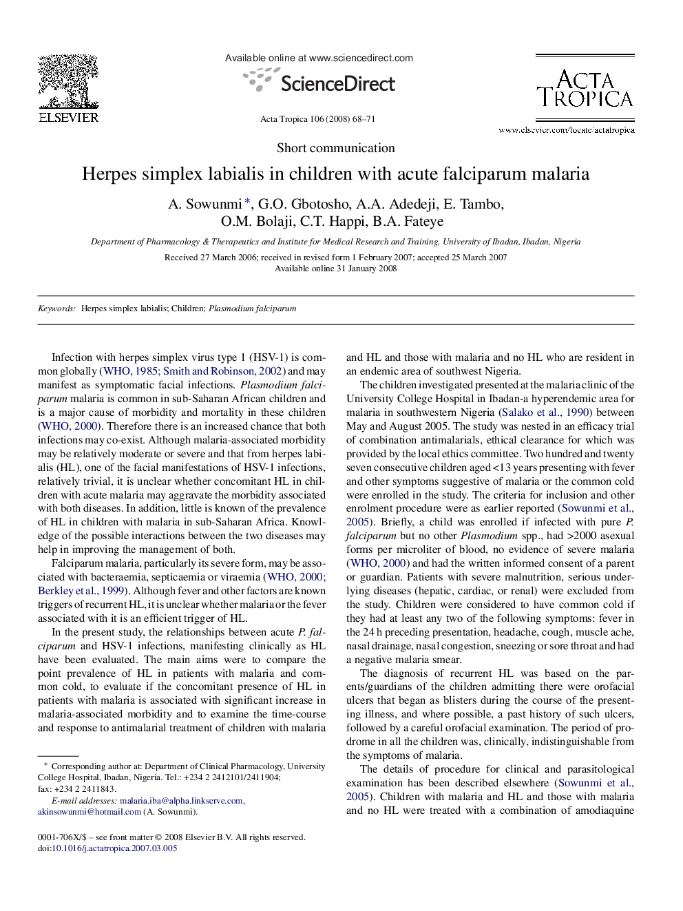 Herpes simplex labialis in children with acute falciparum malaria