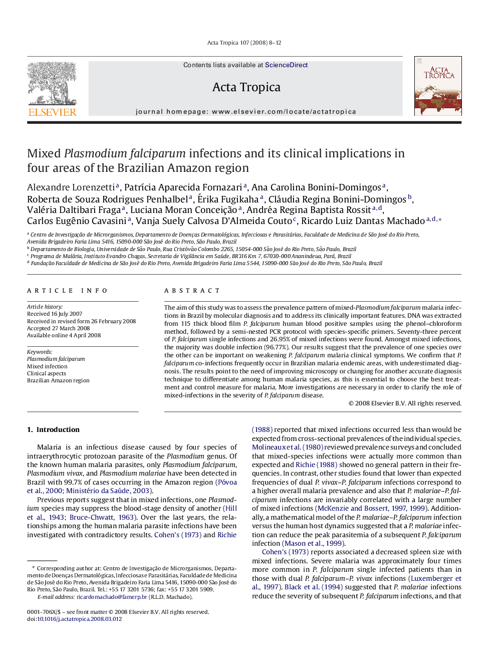 Mixed Plasmodium falciparum infections and its clinical implications in four areas of the Brazilian Amazon region