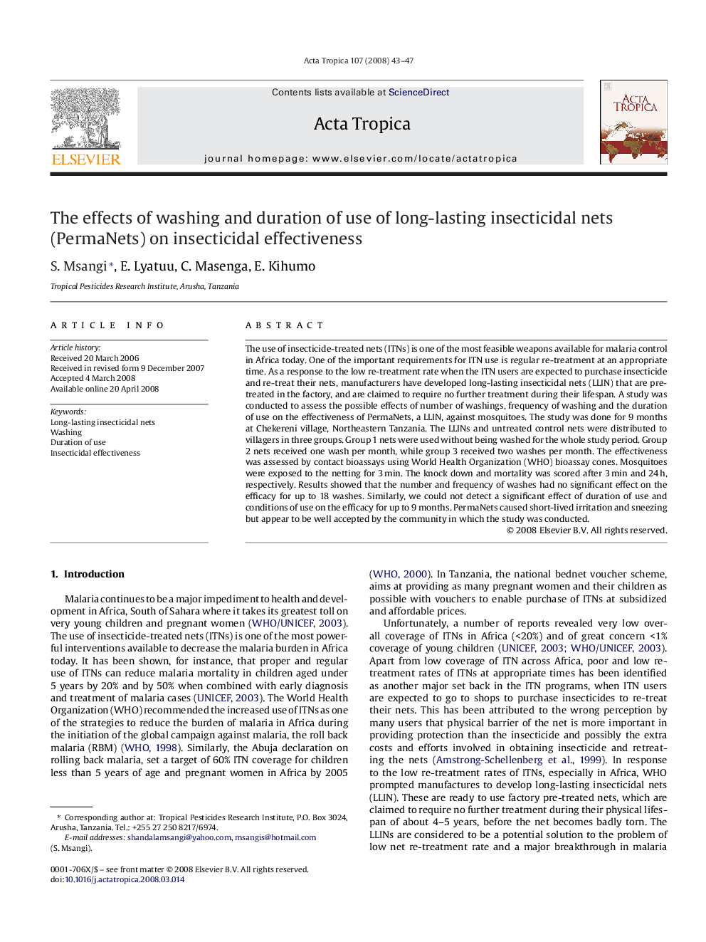 The effects of washing and duration of use of long-lasting insecticidal nets (PermaNets) on insecticidal effectiveness