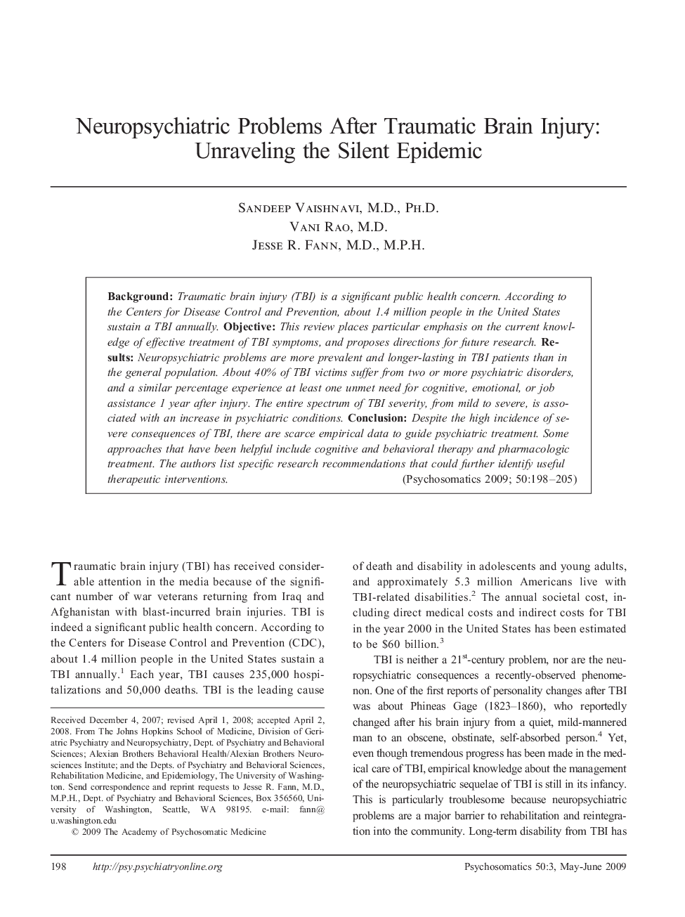 Neuropsychiatric Problems After Traumatic Brain Injury: Unraveling the Silent Epidemic