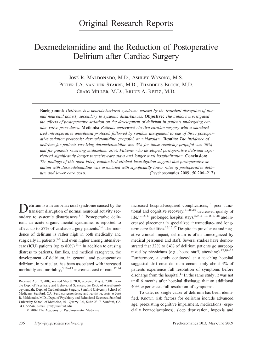 Dexmedetomidine and the Reduction of Postoperative Delirium after Cardiac Surgery