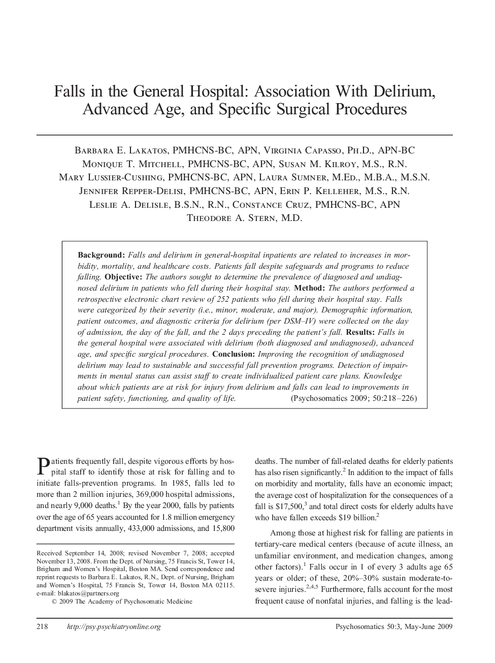 Falls in the General Hospital: Association With Delirium, Advanced Age, and Specific Surgical Procedures