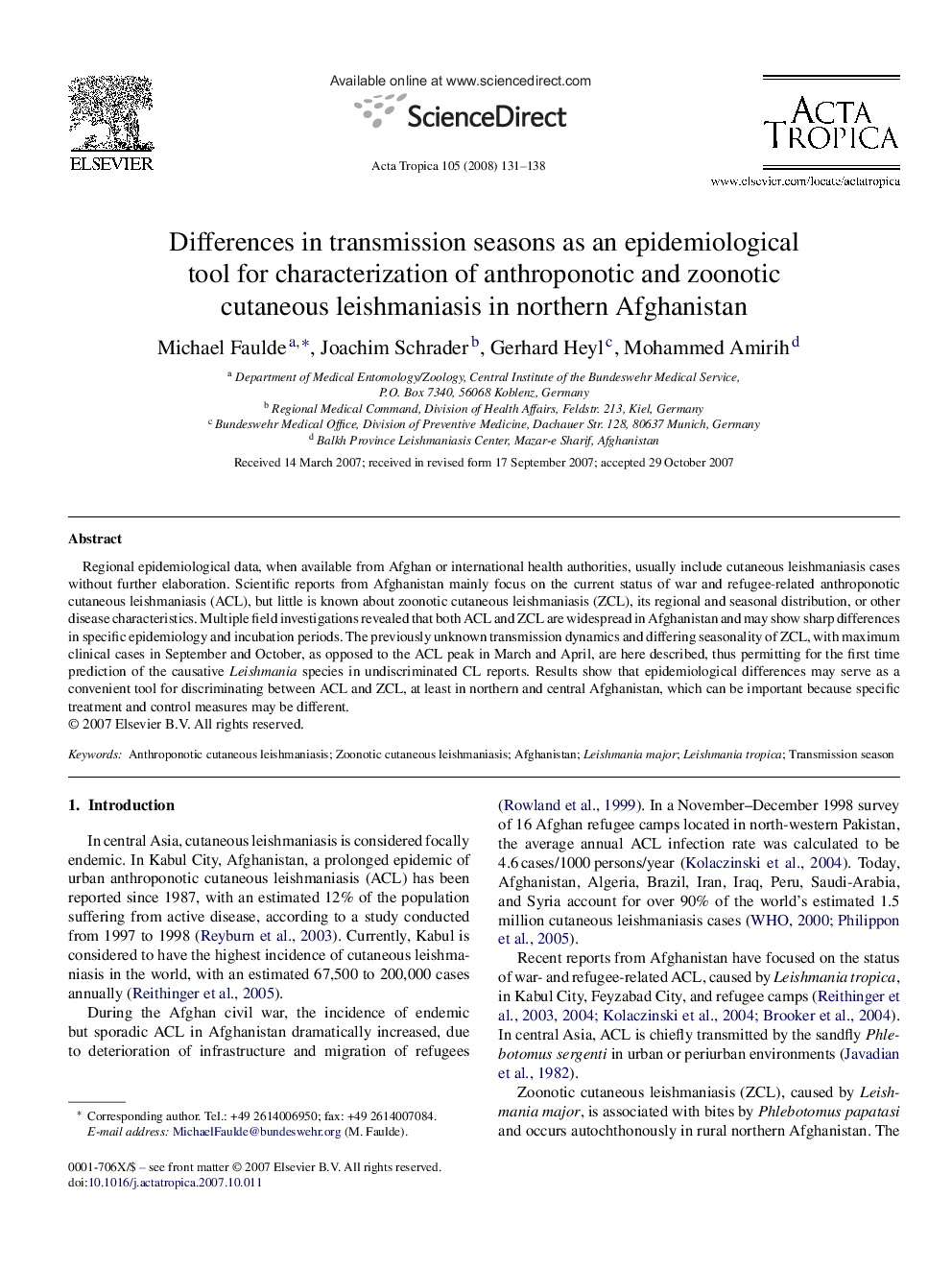 Differences in transmission seasons as an epidemiological tool for characterization of anthroponotic and zoonotic cutaneous leishmaniasis in northern Afghanistan