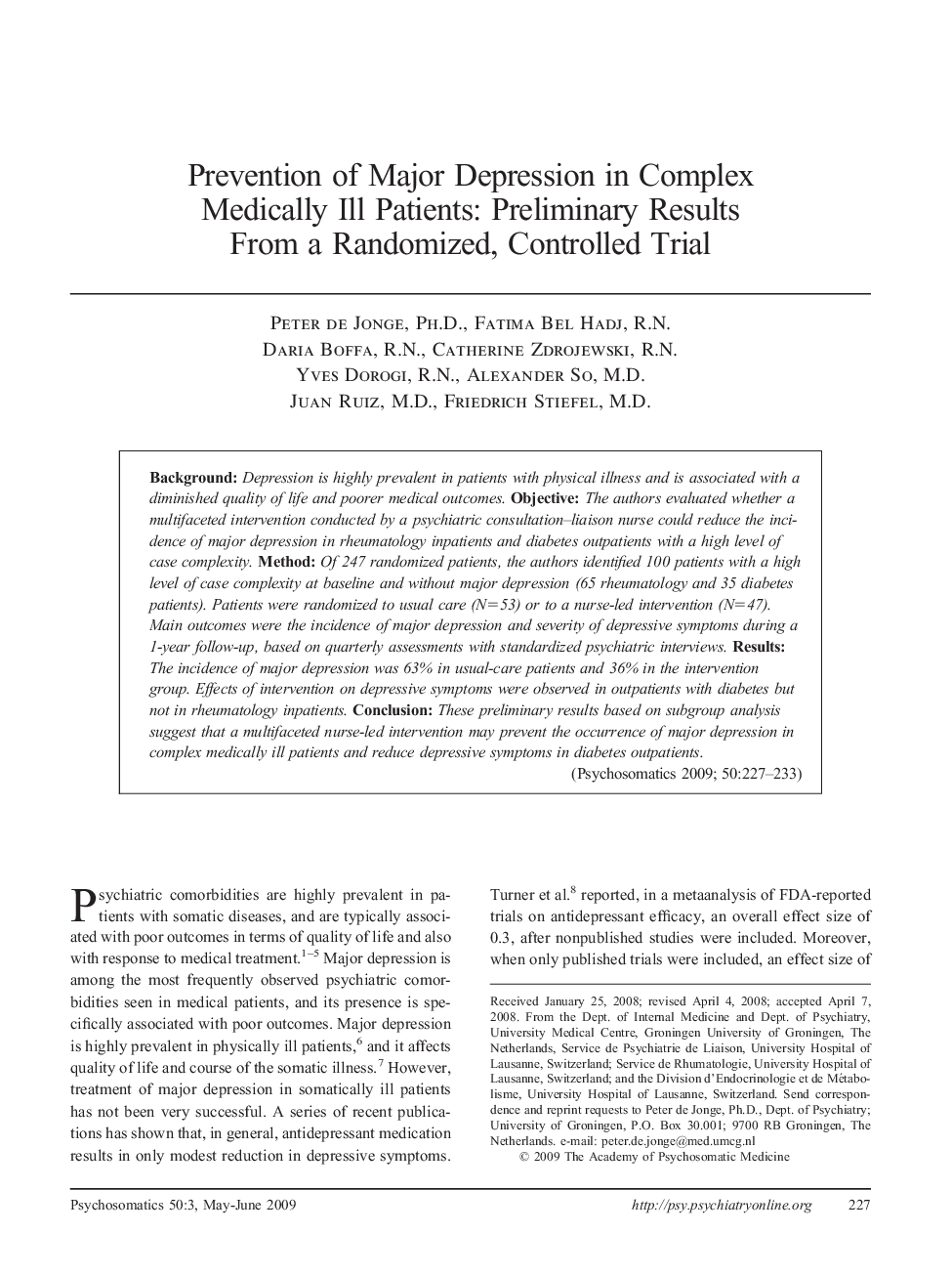 Prevention of Major Depression in Complex Medically Ill Patients: Preliminary Results From a Randomized, Controlled Trial