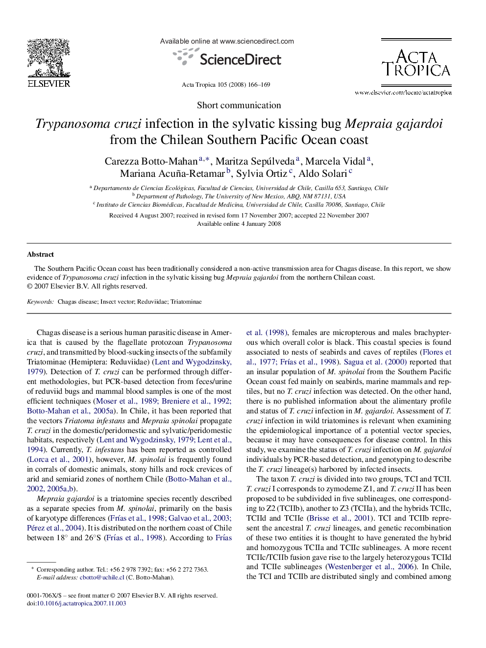 Trypanosoma cruzi infection in the sylvatic kissing bug Mepraia gajardoi from the Chilean Southern Pacific Ocean coast