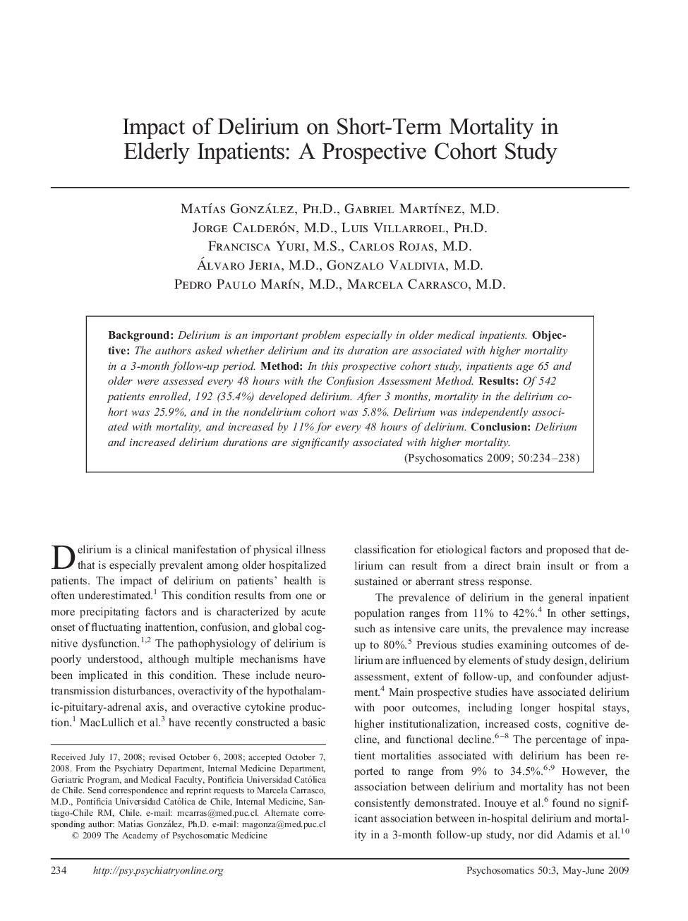 Impact of Delirium on Short-Term Mortality in Elderly Inpatients: A Prospective Cohort Study