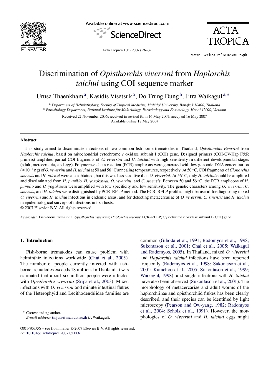 Discrimination of Opisthorchis viverrini from Haplorchis taichui using COI sequence marker