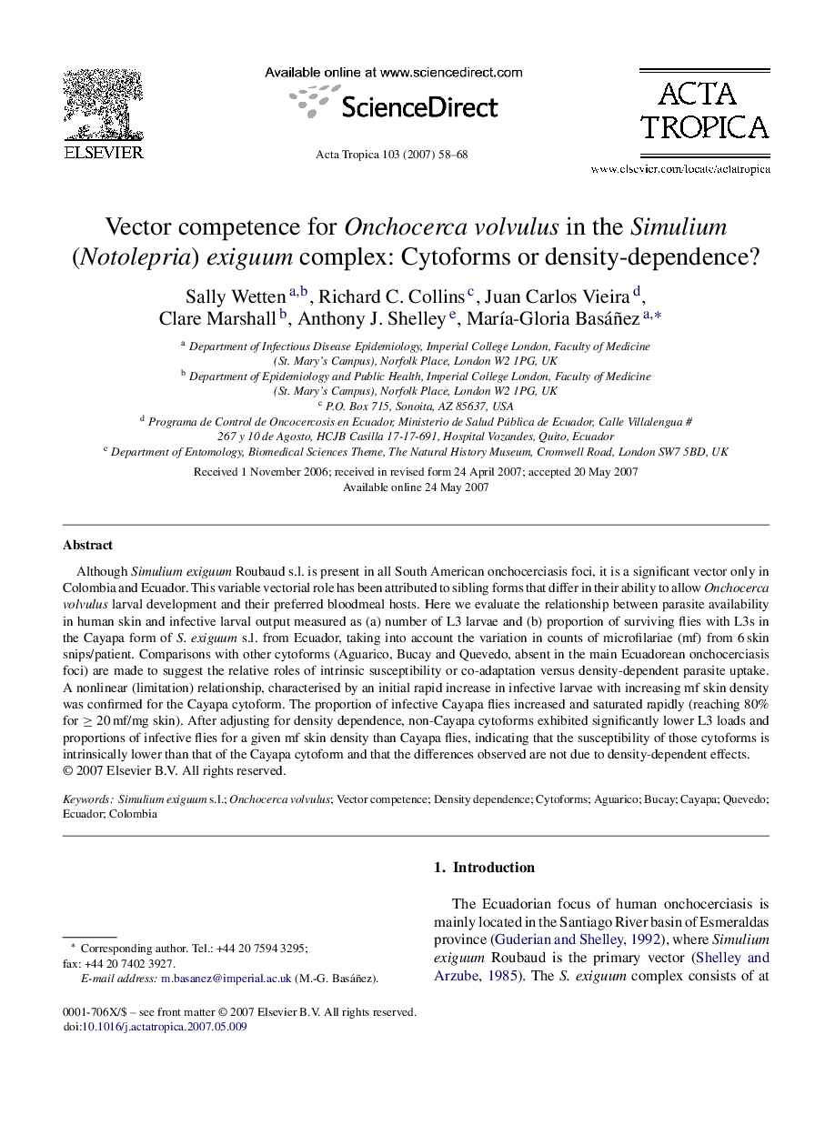 Vector competence for Onchocerca volvulus in the Simulium (Notolepria) exiguum complex: Cytoforms or density-dependence?