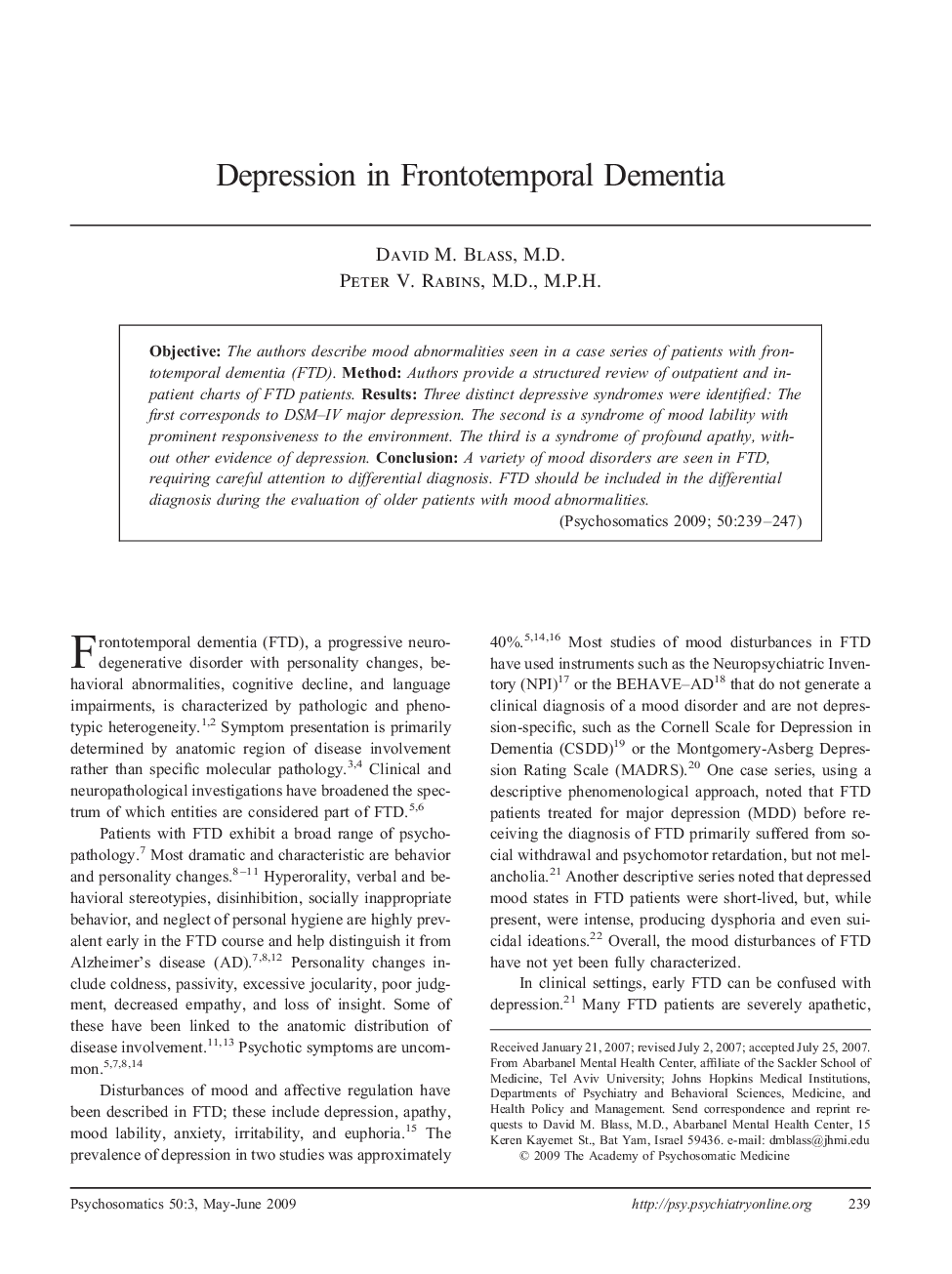 Depression in Frontotemporal Dementia