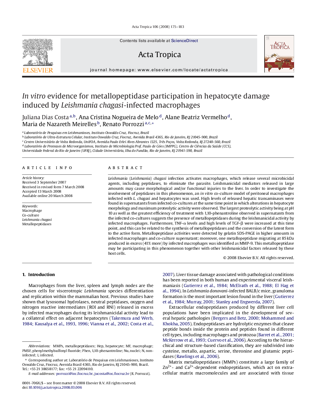 In vitro evidence for metallopeptidase participation in hepatocyte damage induced by Leishmania chagasi-infected macrophages