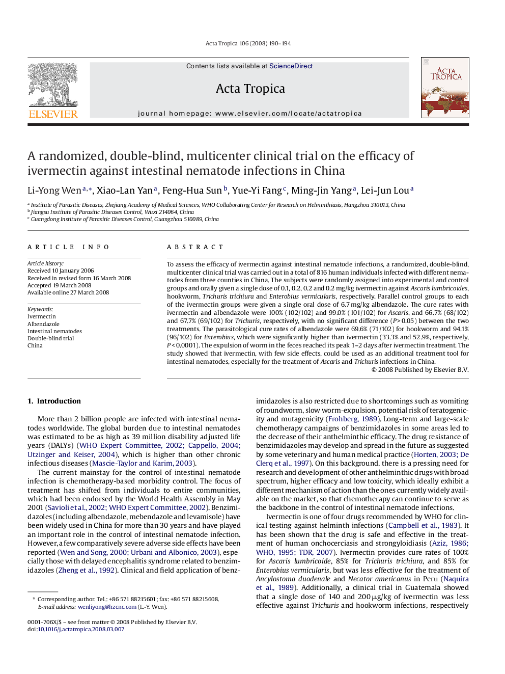 A randomized, double-blind, multicenter clinical trial on the efficacy of ivermectin against intestinal nematode infections in China