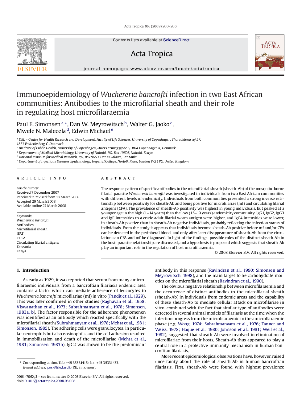 Immunoepidemiology of Wuchereria bancrofti infection in two East African communities: Antibodies to the microfilarial sheath and their role in regulating host microfilaraemia