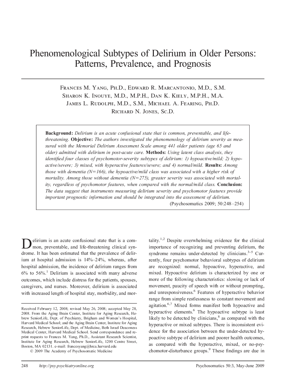 Phenomenological Subtypes of Delirium in Older Persons: Patterns, Prevalence, and Prognosis