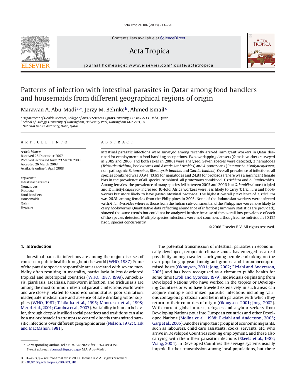 Patterns of infection with intestinal parasites in Qatar among food handlers and housemaids from different geographical regions of origin