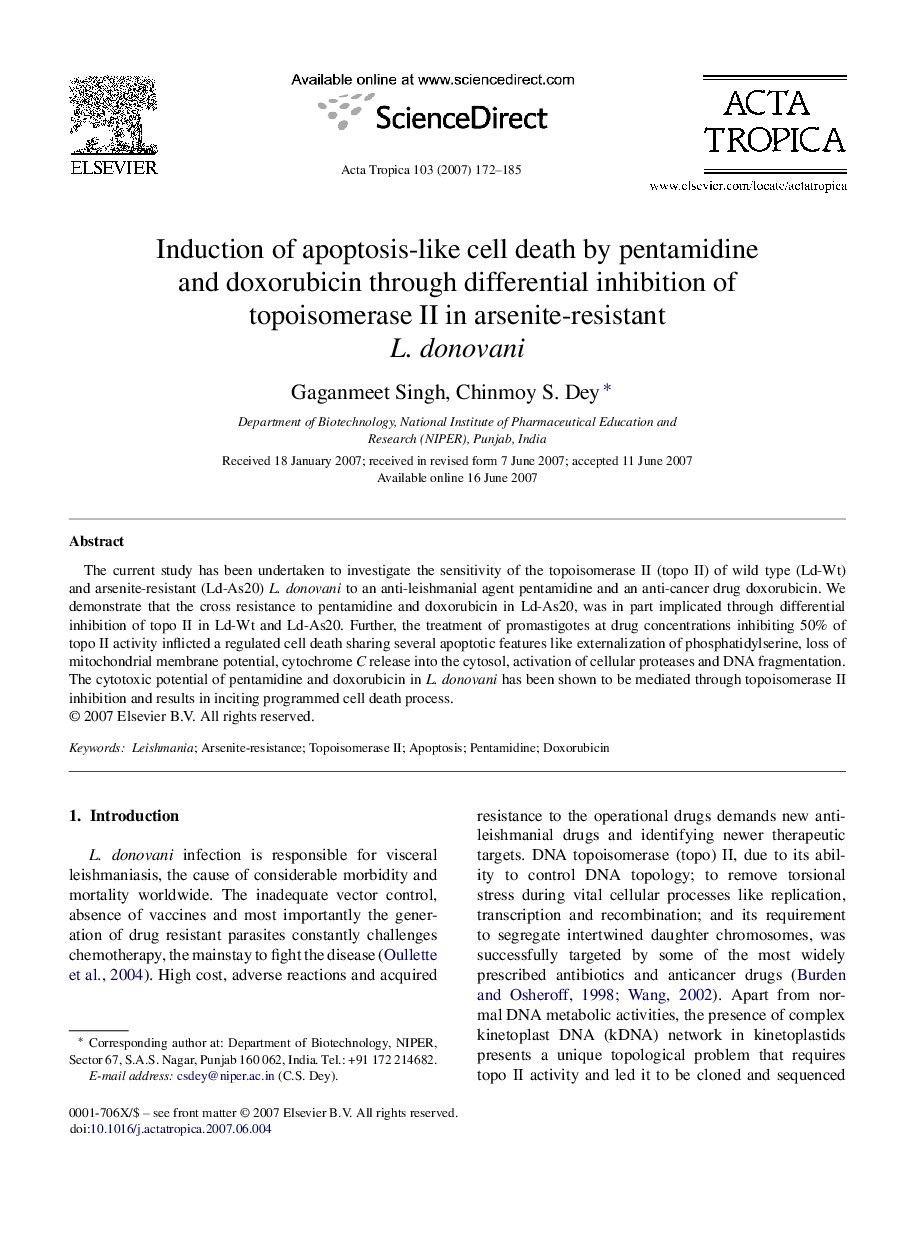 Induction of apoptosis-like cell death by pentamidine and doxorubicin through differential inhibition of topoisomerase II in arsenite-resistant L. donovani