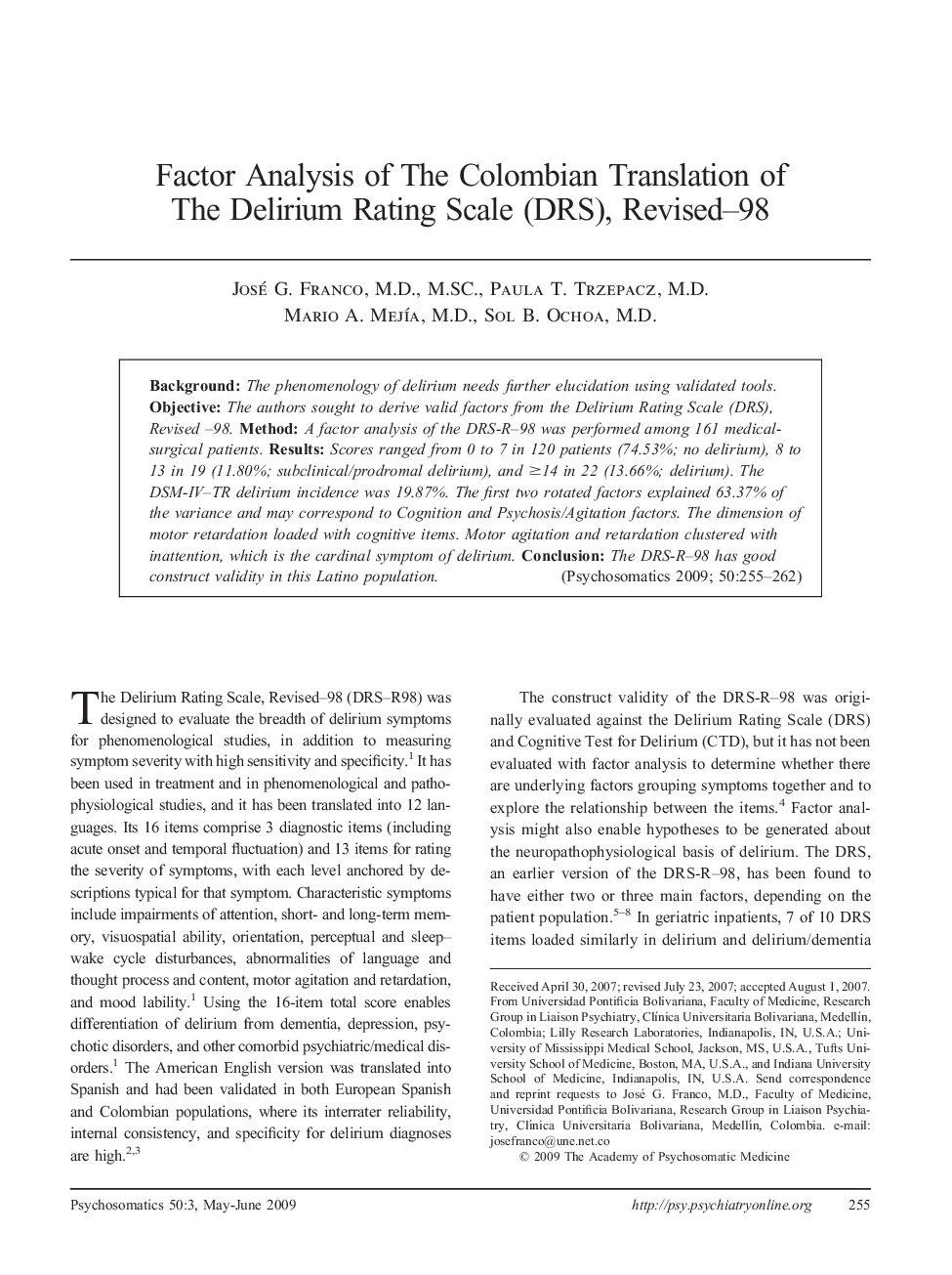 Factor Analysis of the Colombian Translation of the Delirium Rating Scale (DRS), Revised–98